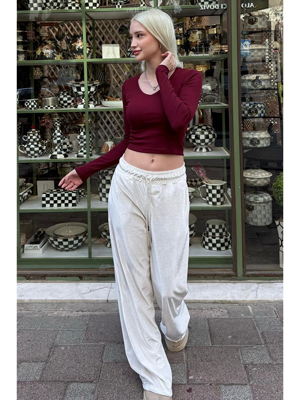 Ekru Bol Paça Kadife Pantolon Mg2283-3