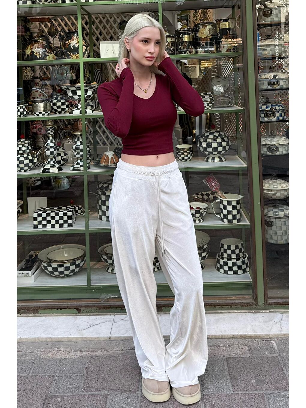 Ekru Bol Paça Kadife Pantolon Mg2283-4