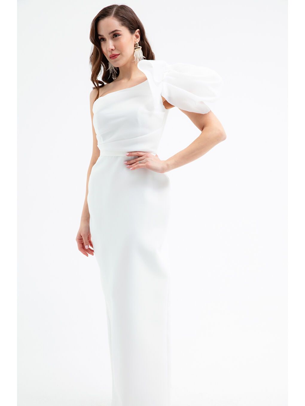 Kadın Beyaz Tek Omuz Detaylı Söz Nişan Nikah Abiye Elbise-2