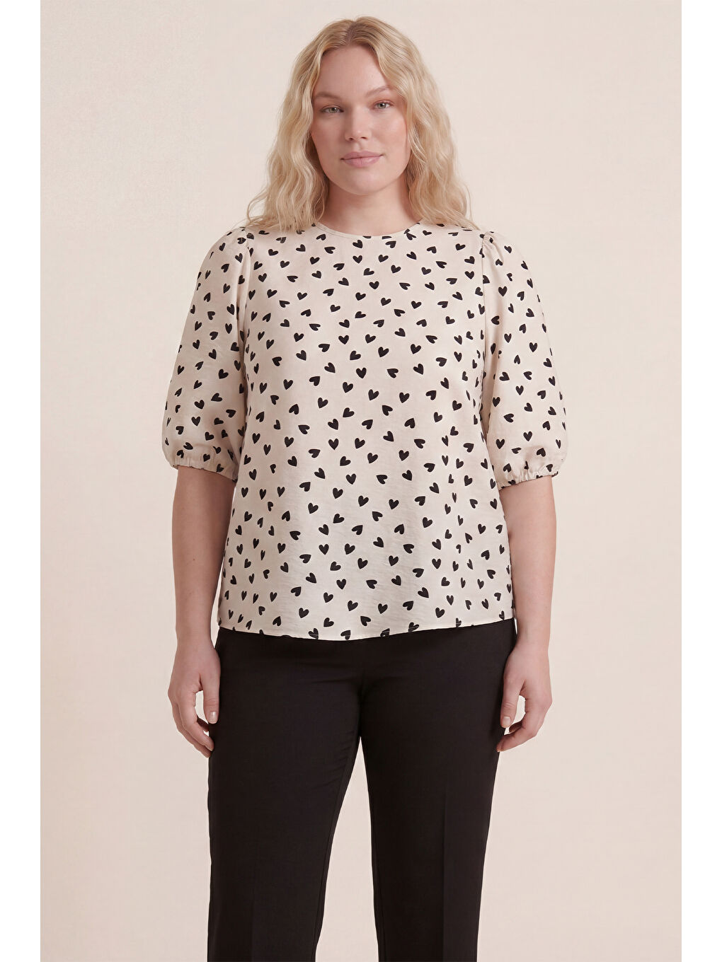 Beyaz Bisiklet Yaka Desenli Balon Kol Bluz