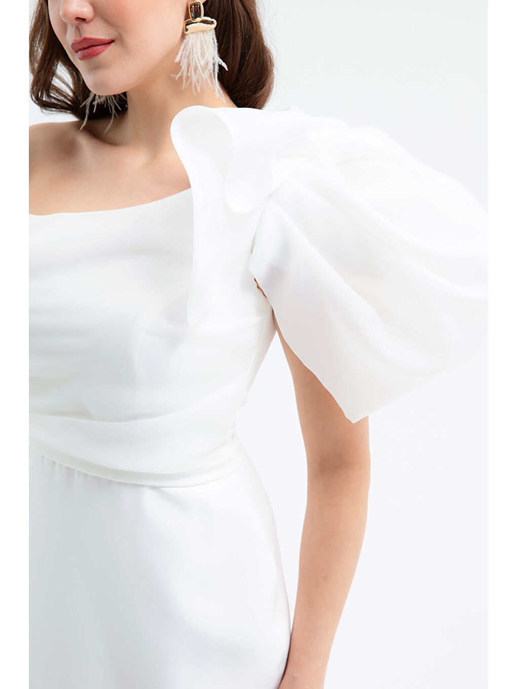Kadın Beyaz Tek Omuz Detaylı Söz Nişan Nikah Abiye Elbise-3