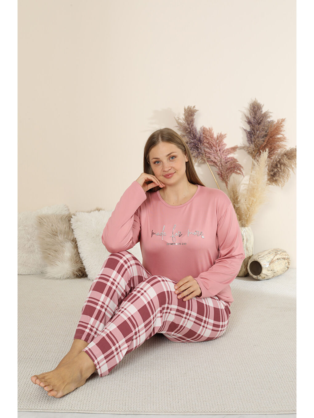 Pembe Sandy Soft Termal Kumaş Büyük Beden Kışlık Kadın Pijama Takımı 8050-2