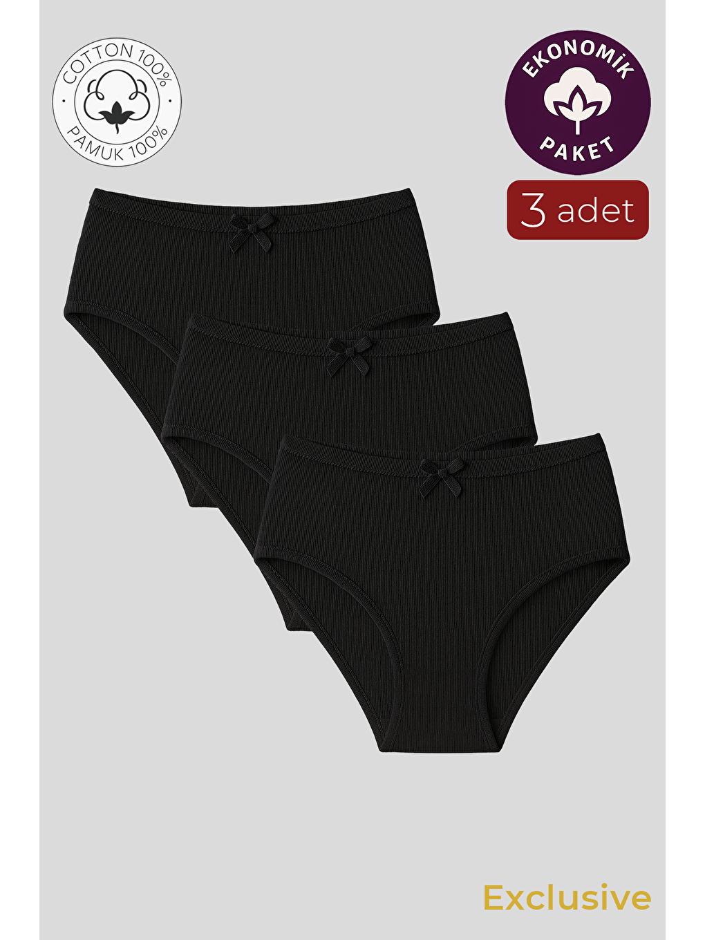 Kadın Yüksek Bel Pamuklu Ribana Slip Külot 3'Lü Paket – Esnek & Rahat | Siyah K0305