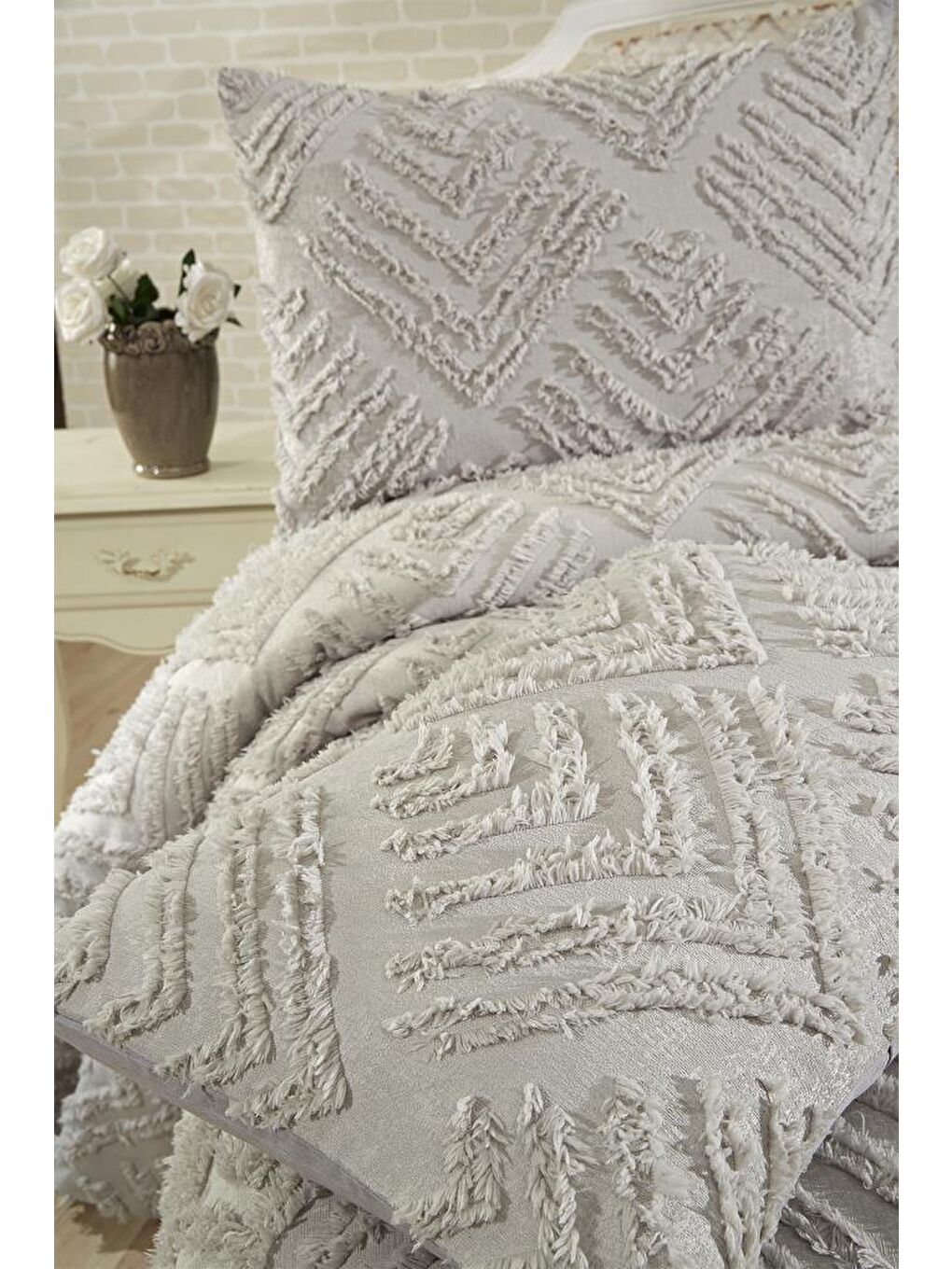 Pine 3 Parça Çift Kişilik Pike Takımı Gri-1