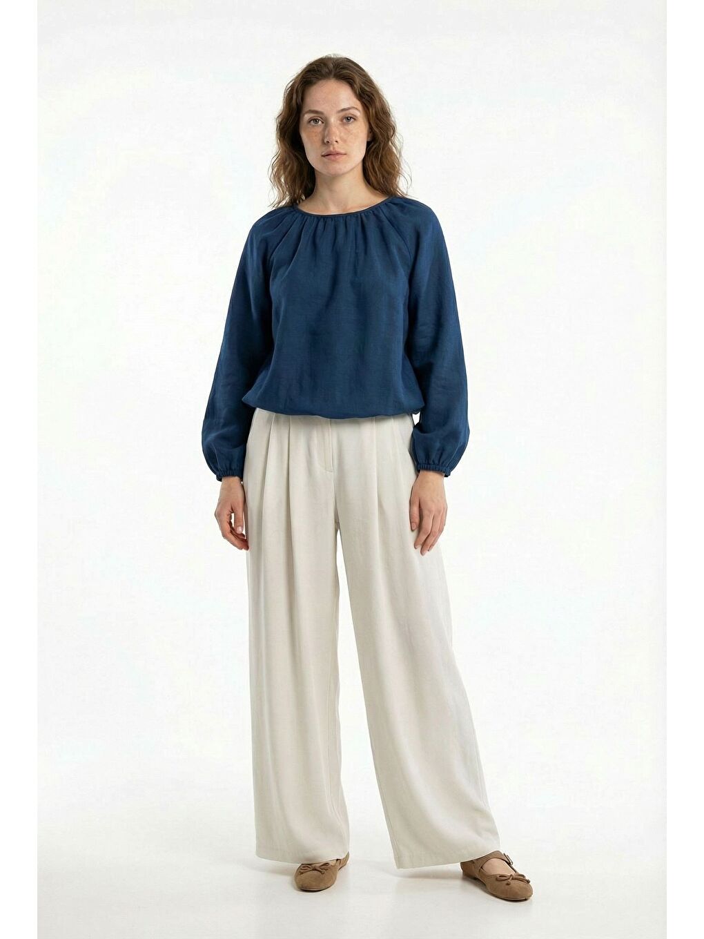 İndigo-Yakası Büzgülü Bluz