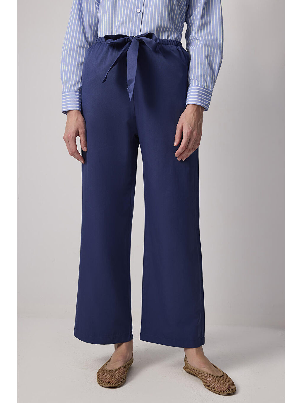 Lacivert Elastik Bel Bol Paça Pantolon-1