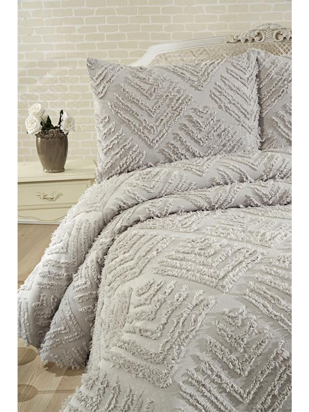 Pine 3 Parça Çift Kişilik Pike Takımı Gri-3