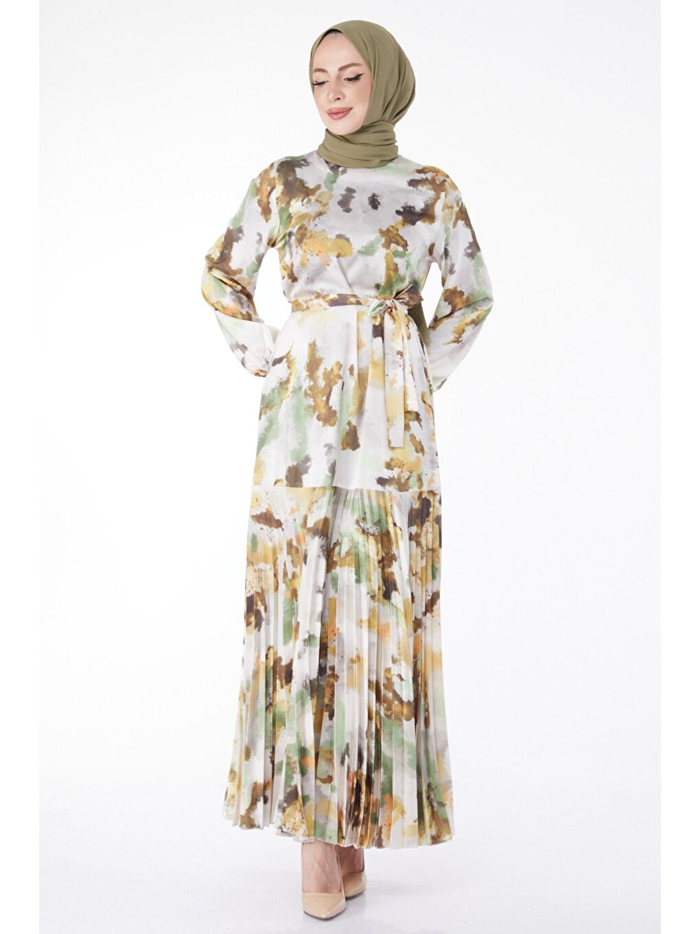 Düz Bisiklet Yaka Kadın Haki Eteği Pilise Detaylı Desenli Abiye Elbise - 24882-1