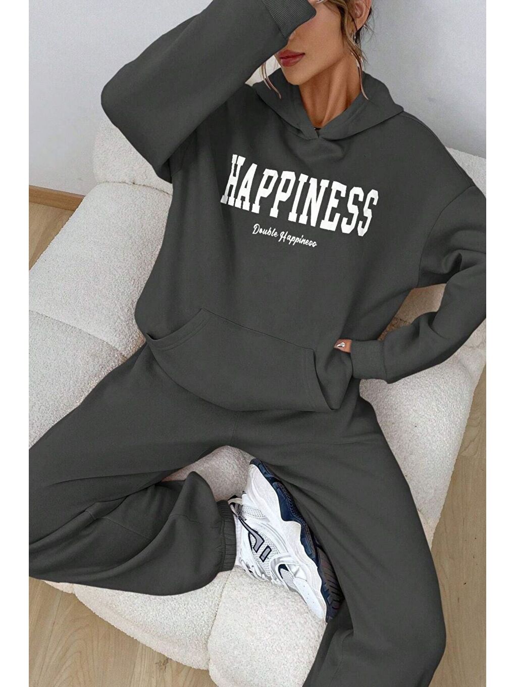 Gri Kadın Füme Happines Baskılı Oversize Alt Üst Eşofman Takımı