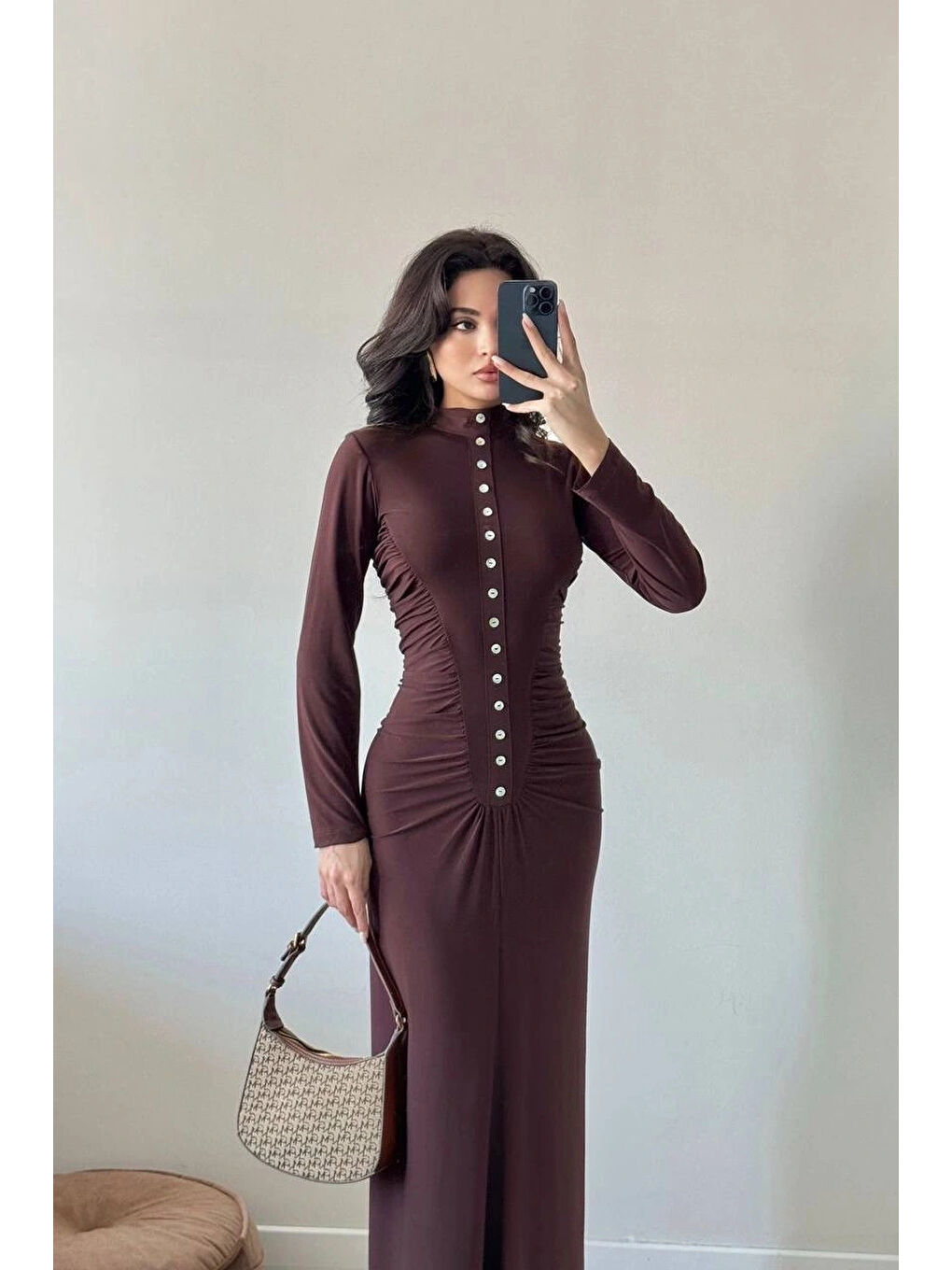 Kahverengi Kadın Kahve Sedef Düğme Sendy Elbise 1041-2705-1