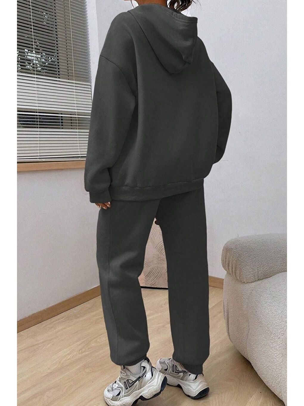 Gri Kadın Füme Happines Baskılı Oversize Alt Üst Eşofman Takımı-1