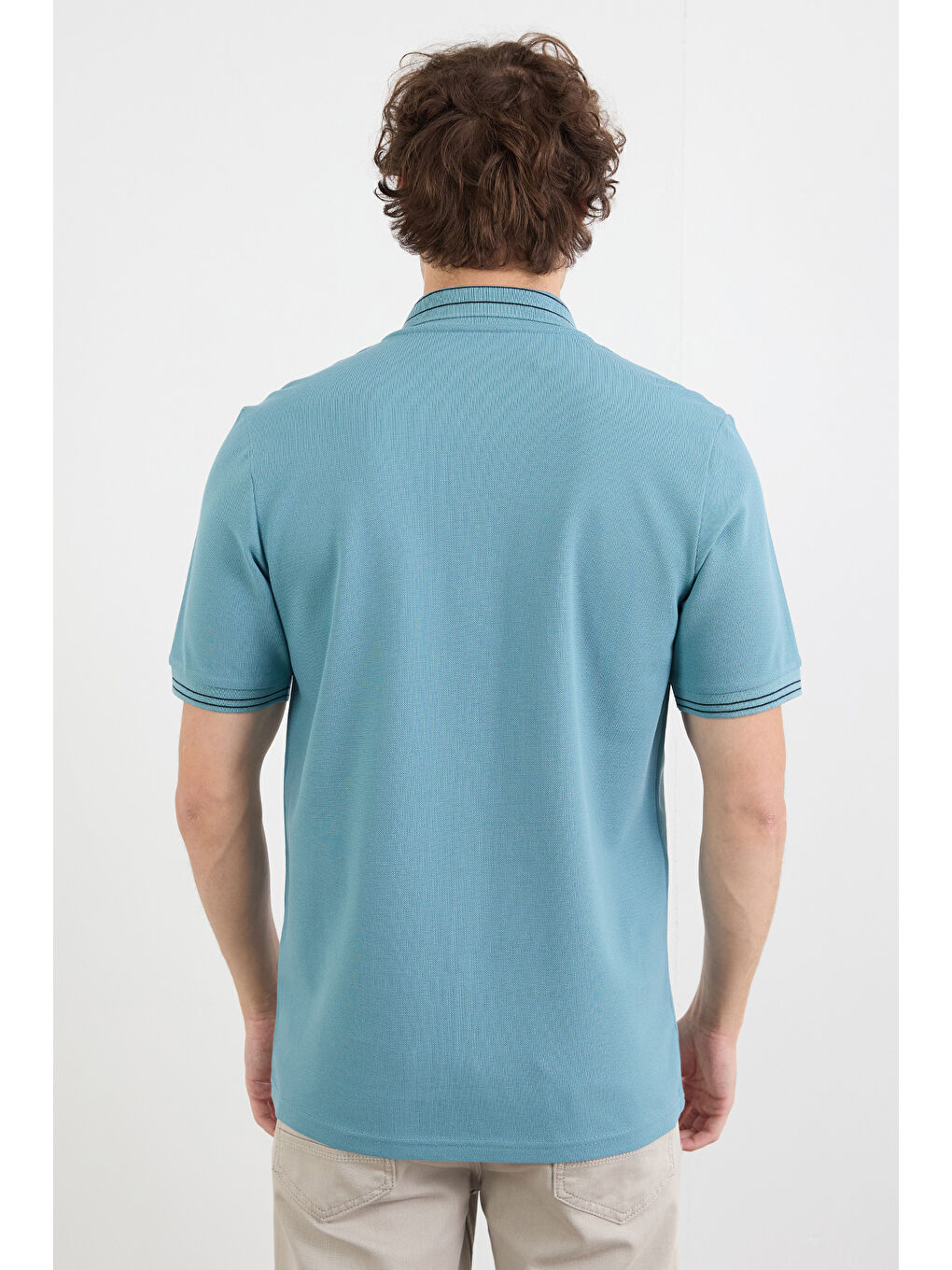 Mavi Çizgili Yarım Fermuarlı Polo Yaka Tişört-3