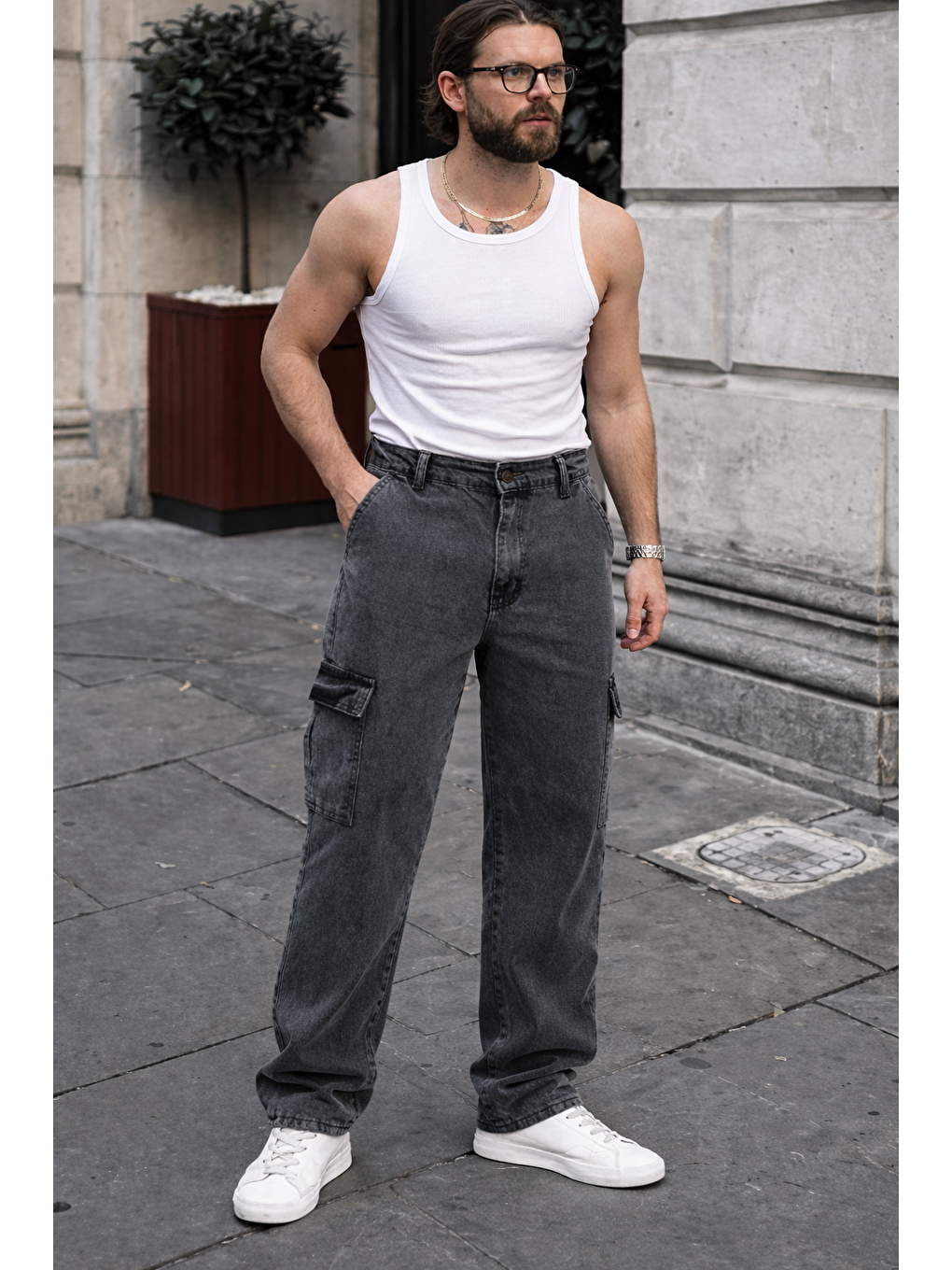 Erkek Günlük Kargo Cep Antrasit Baggy Pantolon