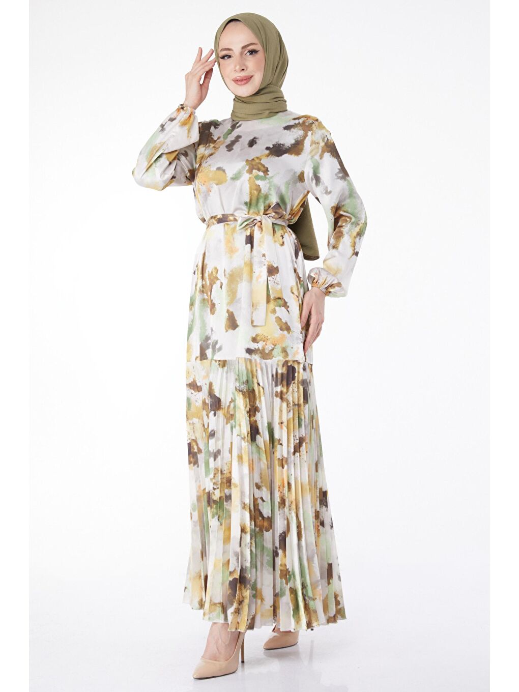 Düz Bisiklet Yaka Kadın Haki Eteği Pilise Detaylı Desenli Abiye Elbise - 24882-2