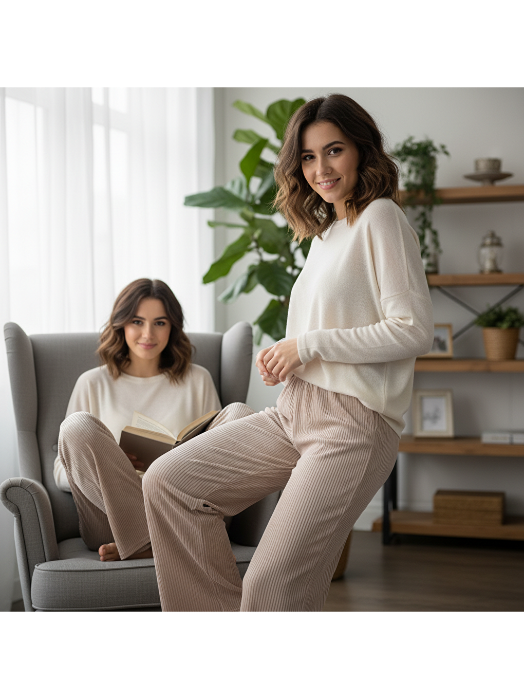 Kahverengi Kadın Kadife Kumaş Dantel Süslü Pantolon Bb2430-1