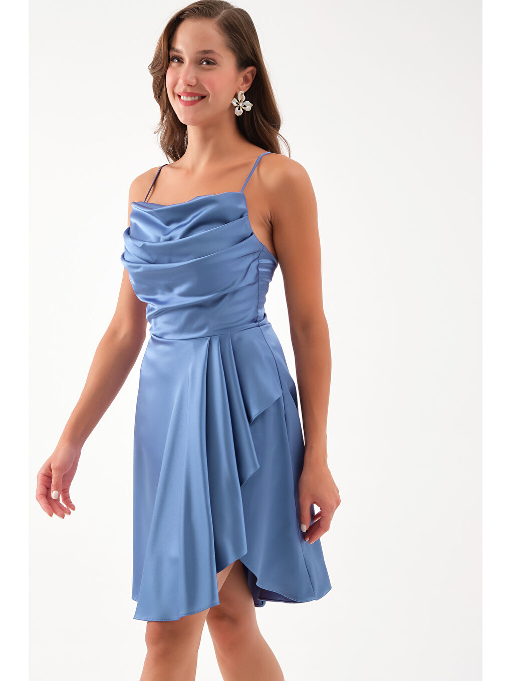 Kadın İndigo Volanlı Yırtmaçlı Kısa Saten Abiye & Mezuniyet Elbisesi-2