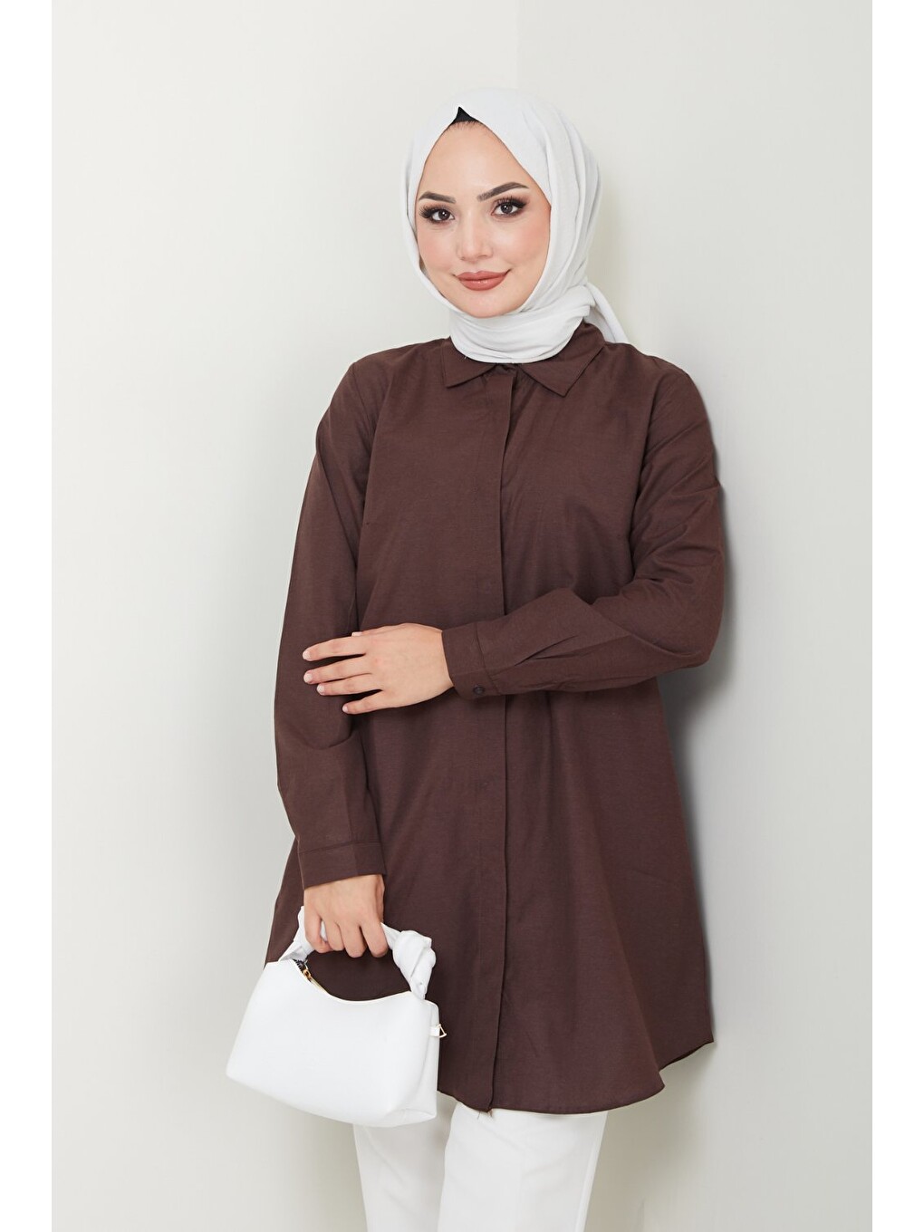Kahverengi Kadın Uzun Basic Kahve Polo Yaka Tesettür Gömlek Elbise-5