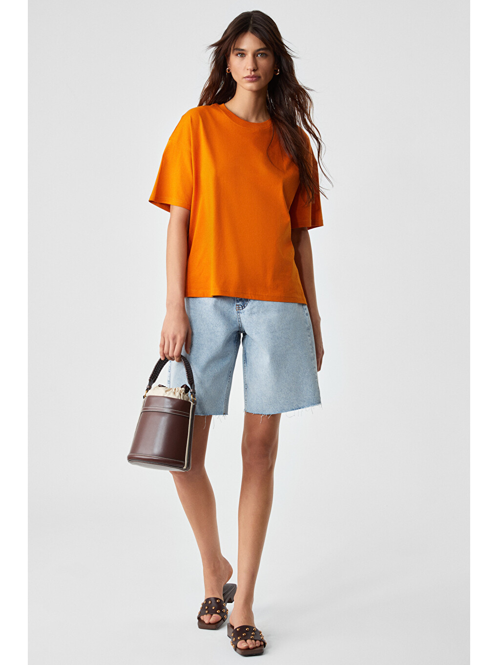 Turuncu Jemmy Kadın %100 Organik Pamuk Relaxed Fit Yırtmaçlı Yuvarlak Yakalı TURUNCU T-Shirt-1