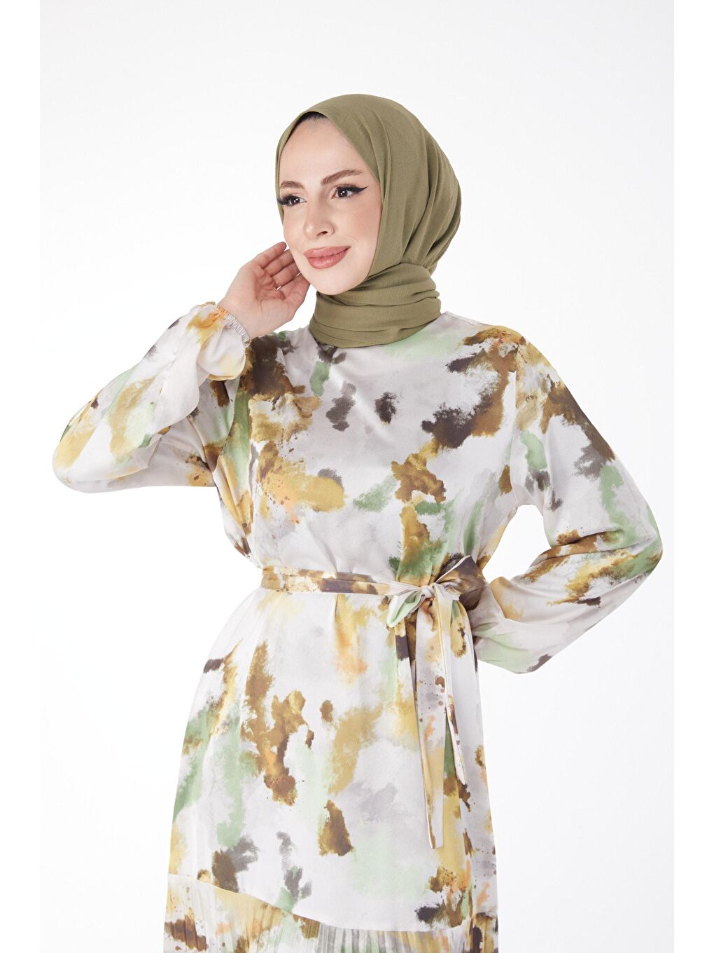 Düz Bisiklet Yaka Kadın Haki Eteği Pilise Detaylı Desenli Abiye Elbise - 24882-3