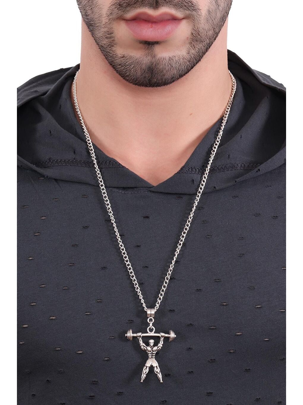 Gri Erkek Antik Gümüş Kaplama Halterci Simge Uçlu Kolye-3