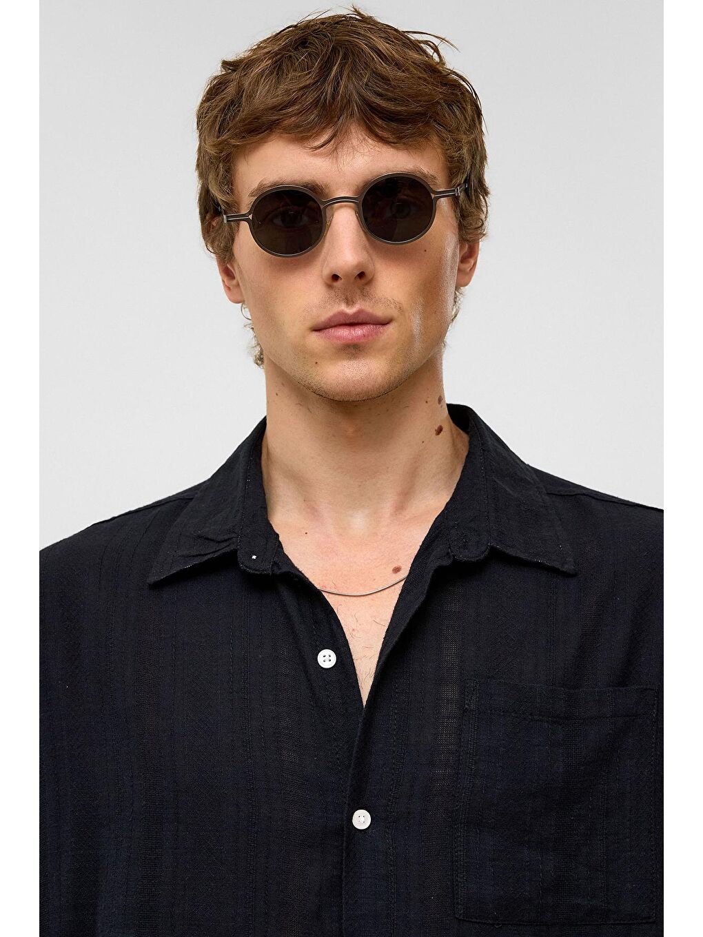 Oversize Çizgili Uzun Kollu Keten Gömlek Siyah-2