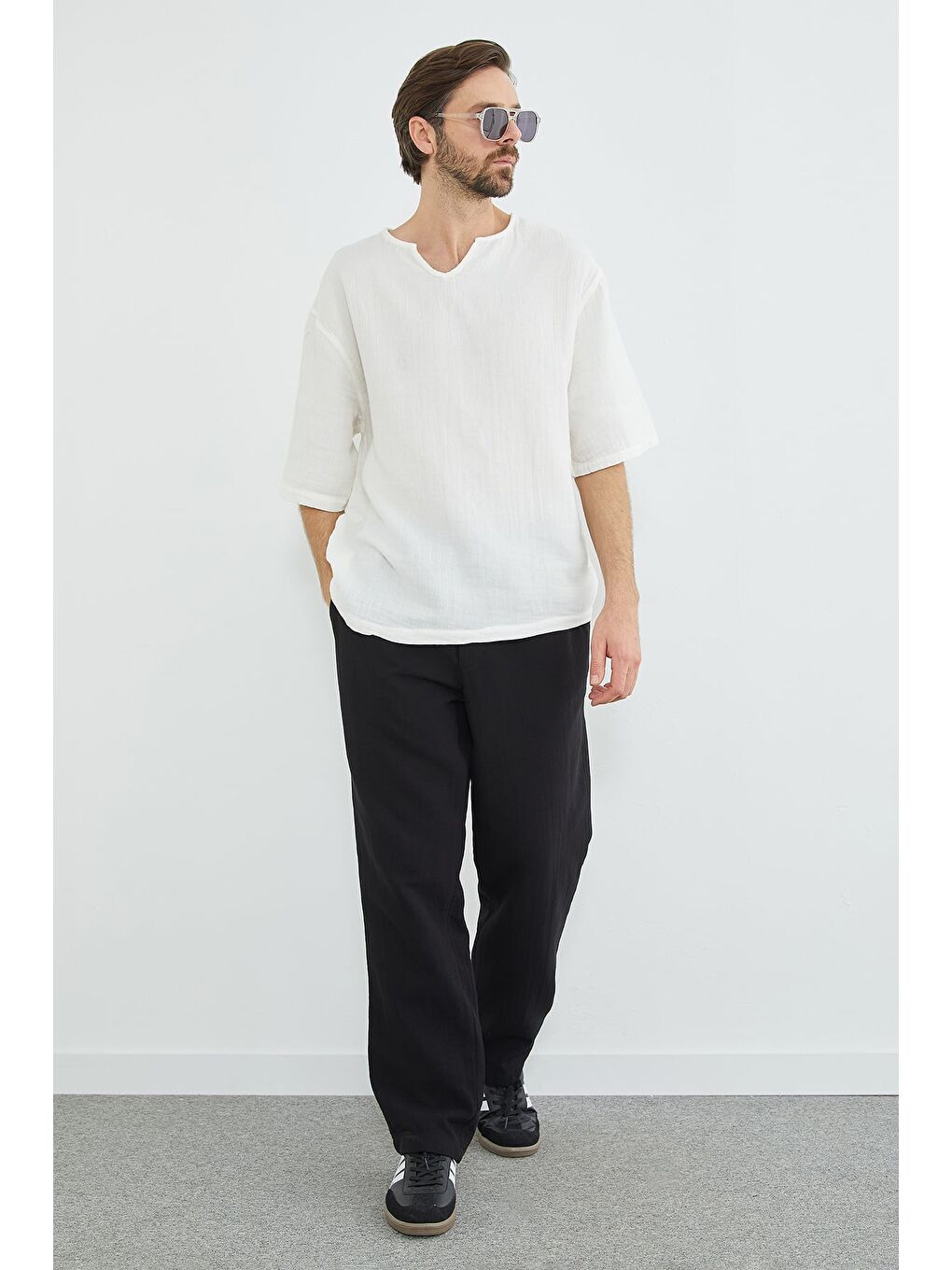 Siyah Beli Bağcıklı Müslin Kumaş Pantolon-1