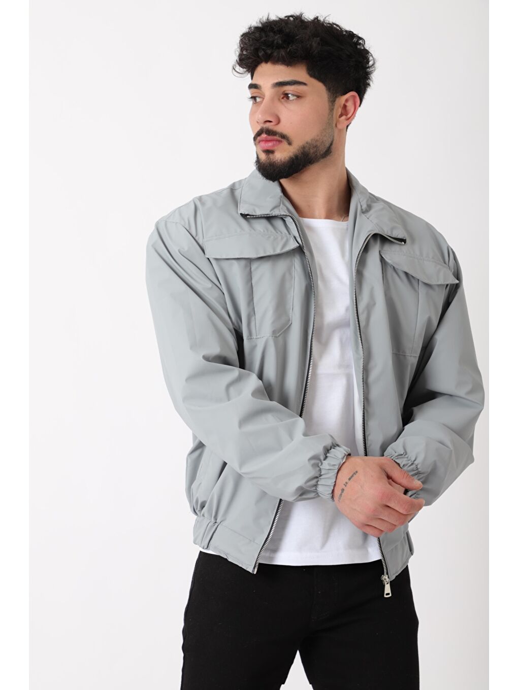 Gri Cep Kapaklı Demir Fermuarlı Dik Yaka Nova Mevsimlik Mont BL 1810_60328-1