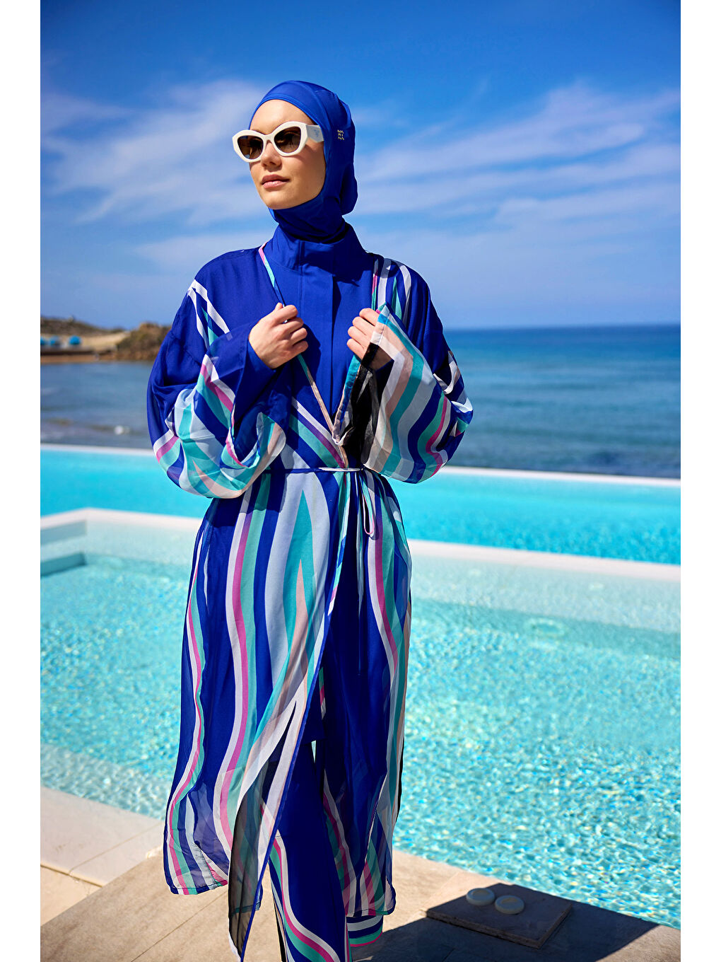 Mavi Renkli Desenli İpeksi Kimono - Hafif Dokulu, Tam Boy Pareo P2503-2