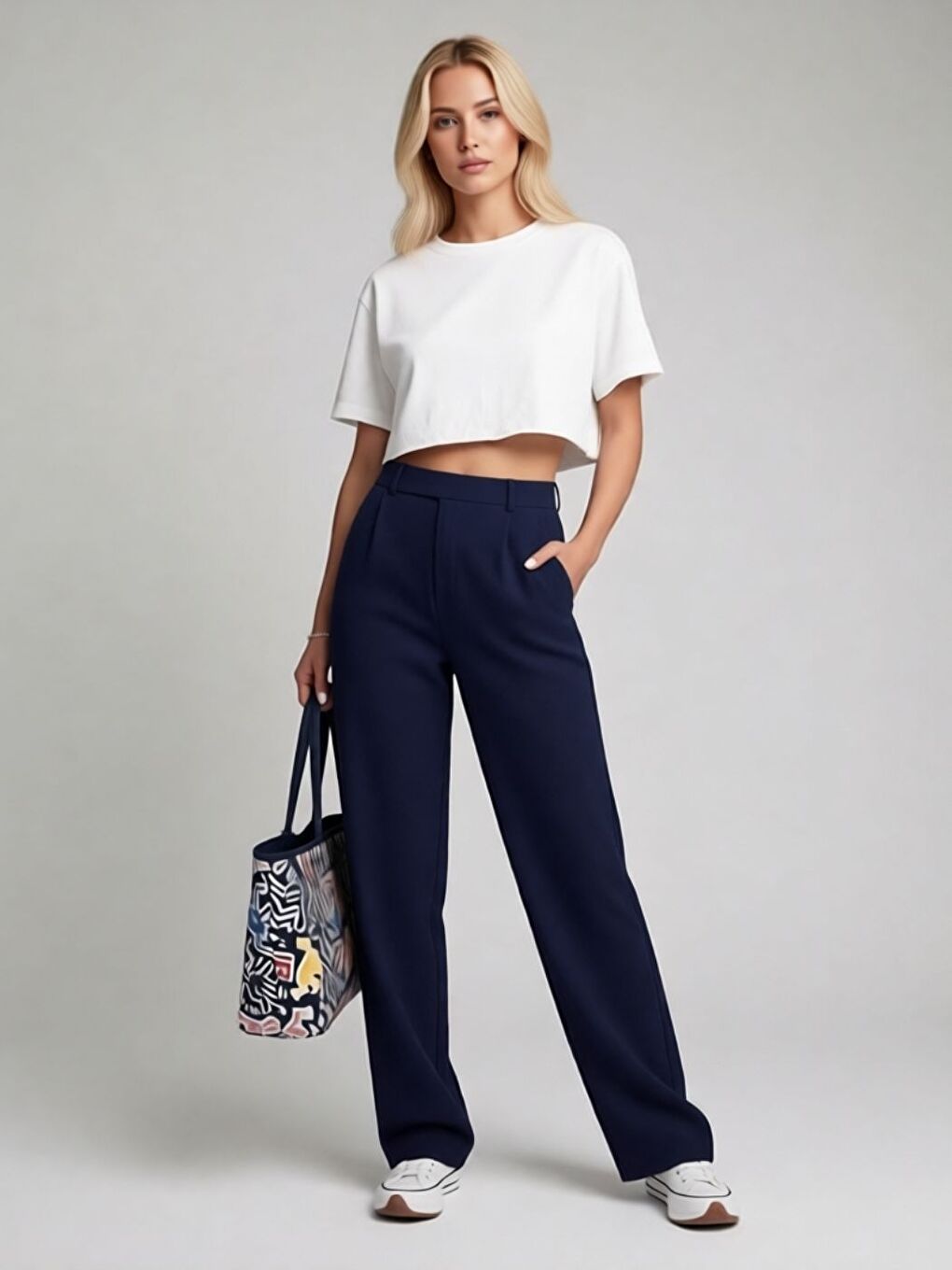 Kadın Lacivert Elastanlı Beli Cırt Kapama Palazzo Pantolon