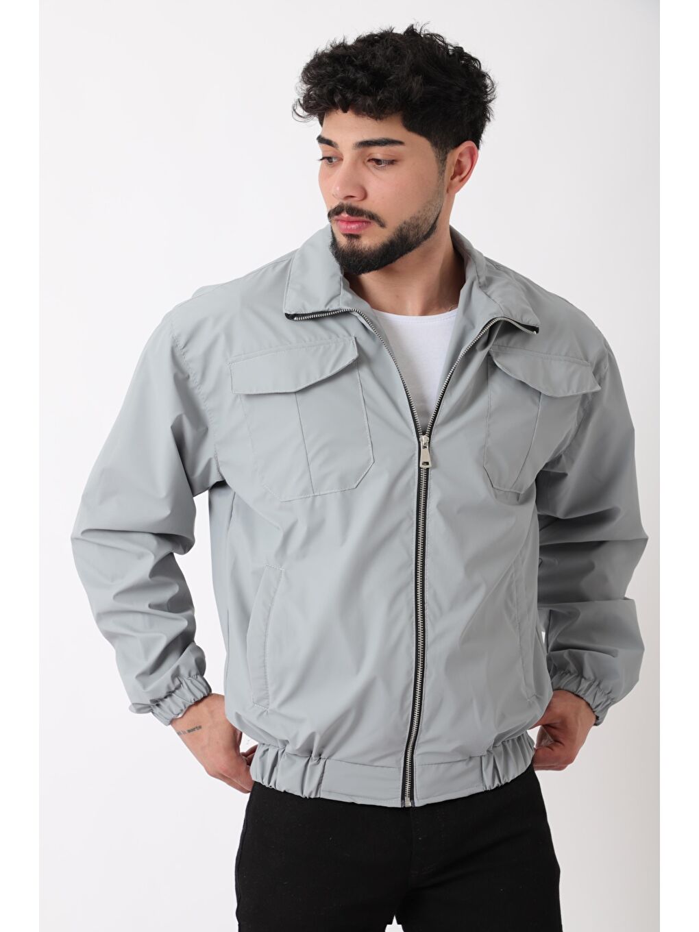 Gri Cep Kapaklı Demir Fermuarlı Dik Yaka Nova Mevsimlik Mont BL 1810_60328-2