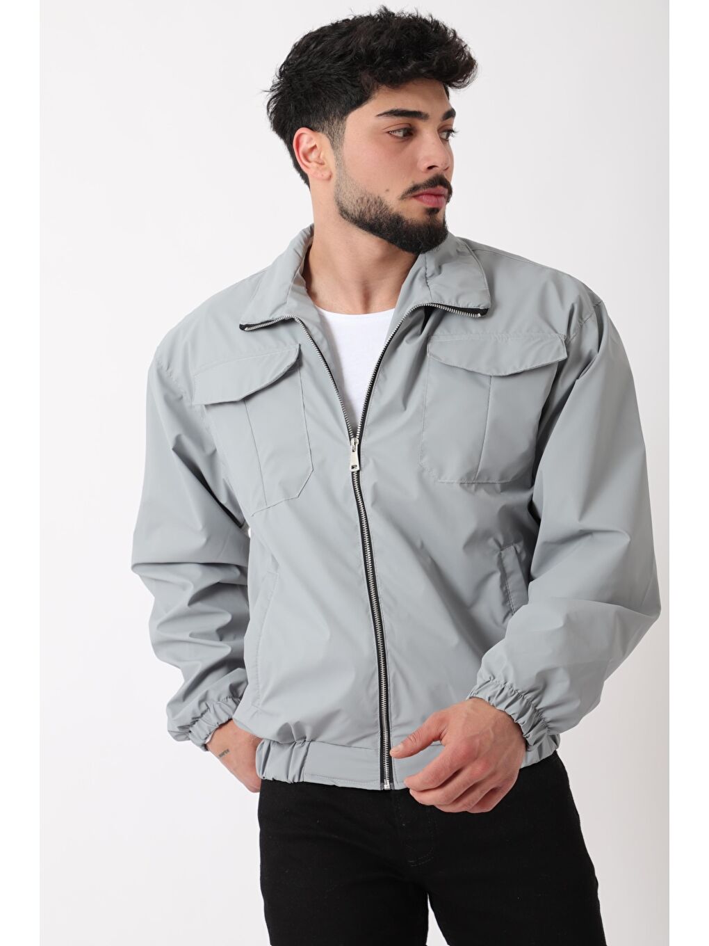 Gri Cep Kapaklı Demir Fermuarlı Dik Yaka Nova Mevsimlik Mont BL 1810_60328-3