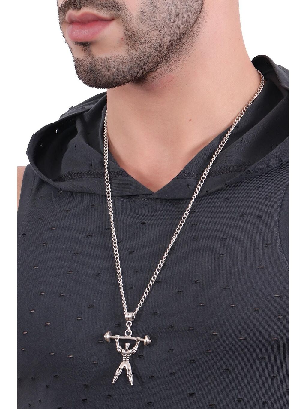 Gri Erkek Antik Gümüş Kaplama Halterci Simge Uçlu Kolye-4