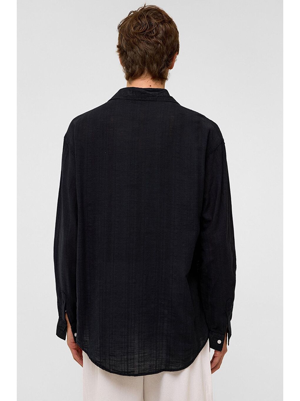 Oversize Çizgili Uzun Kollu Keten Gömlek Siyah-6