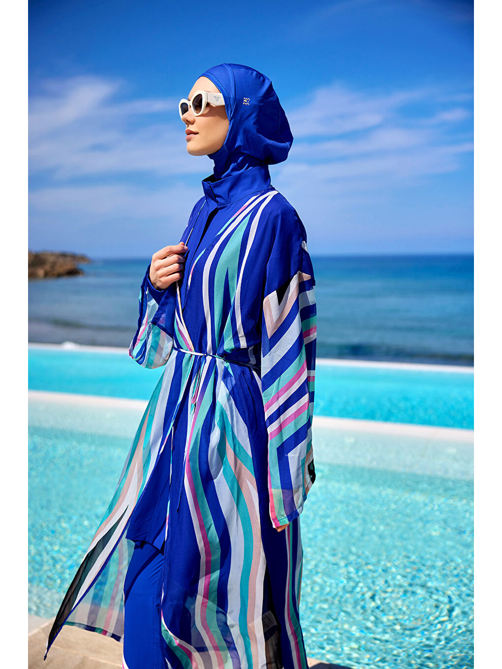 Mavi Renkli Desenli İpeksi Kimono - Hafif Dokulu, Tam Boy Pareo P2503-2-2