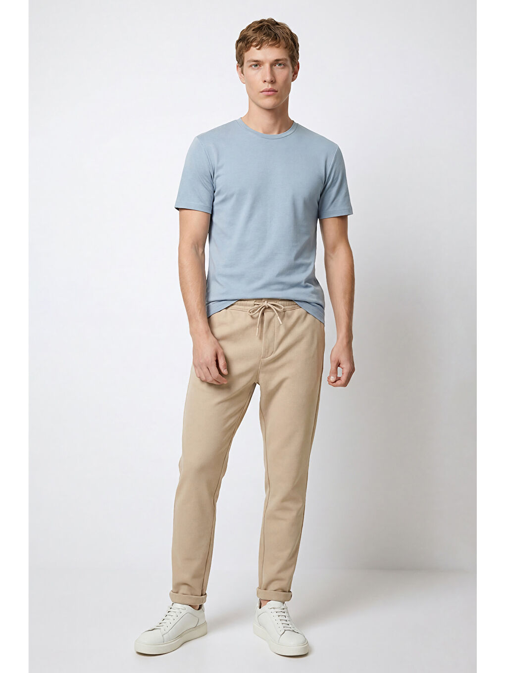 Erkek Mavi Pamuklu Slim Fit Dar Kesim Bisiklet Yaka Tişört-1