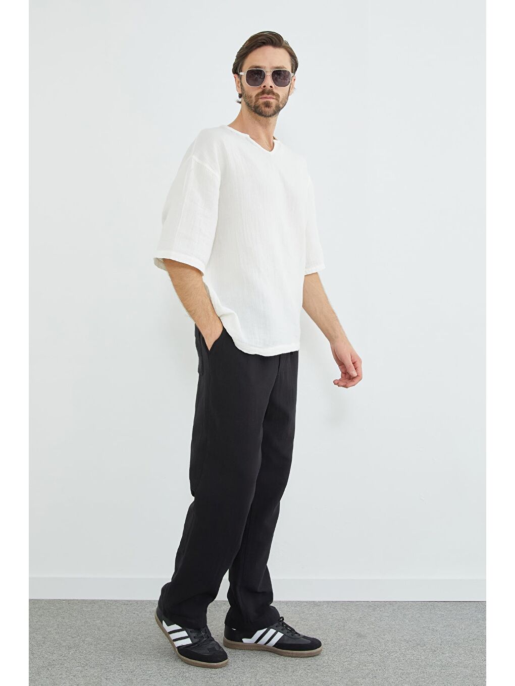 Siyah Beli Bağcıklı Müslin Kumaş Pantolon-2