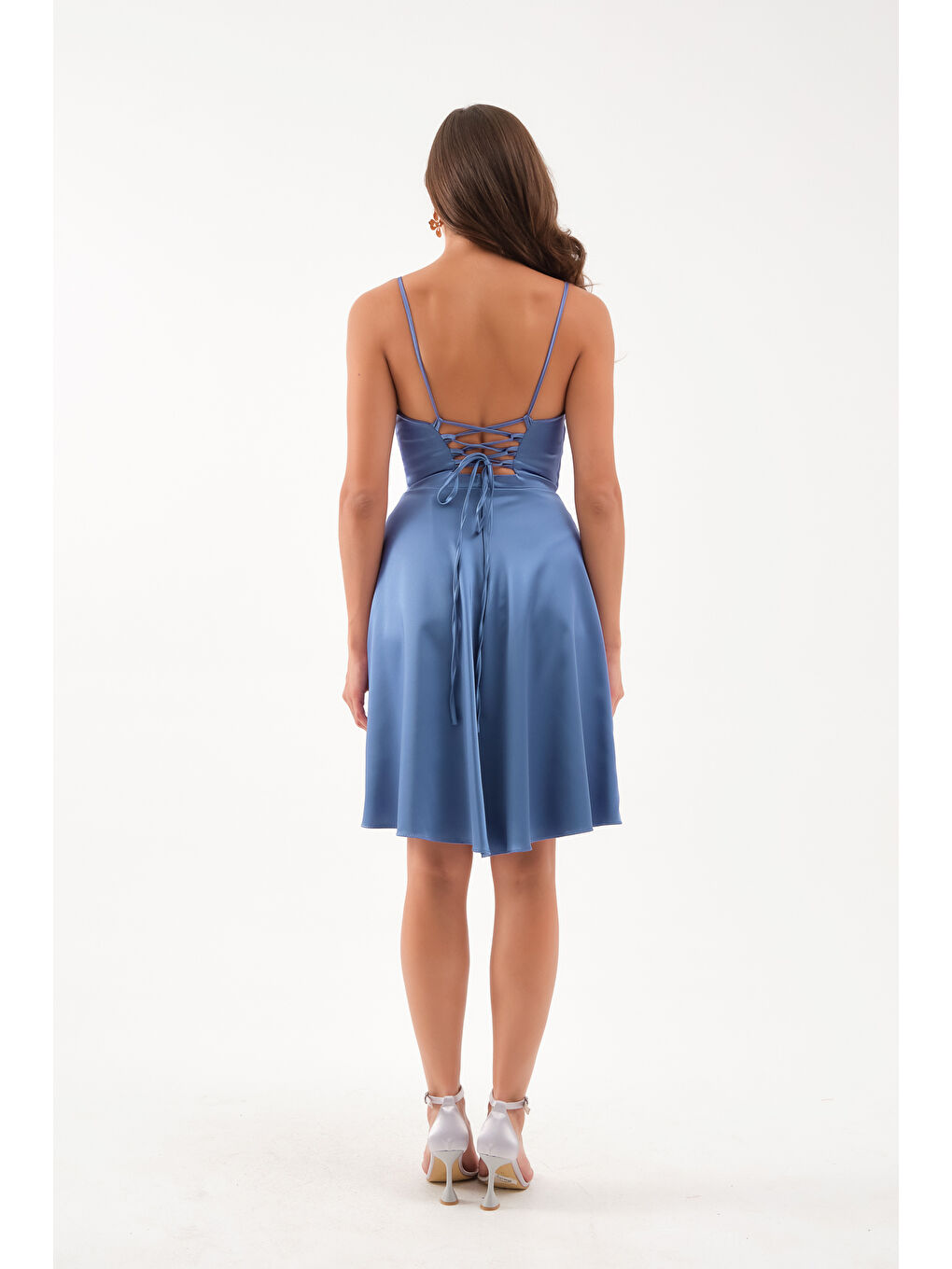 Kadın İndigo Volanlı Yırtmaçlı Kısa Saten Abiye & Mezuniyet Elbisesi-4