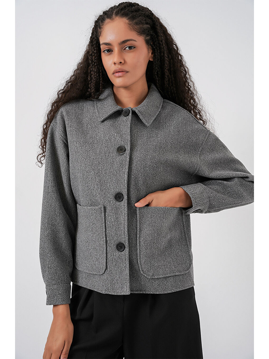 0713 Kadın Kaşe Ceket - Gri-4