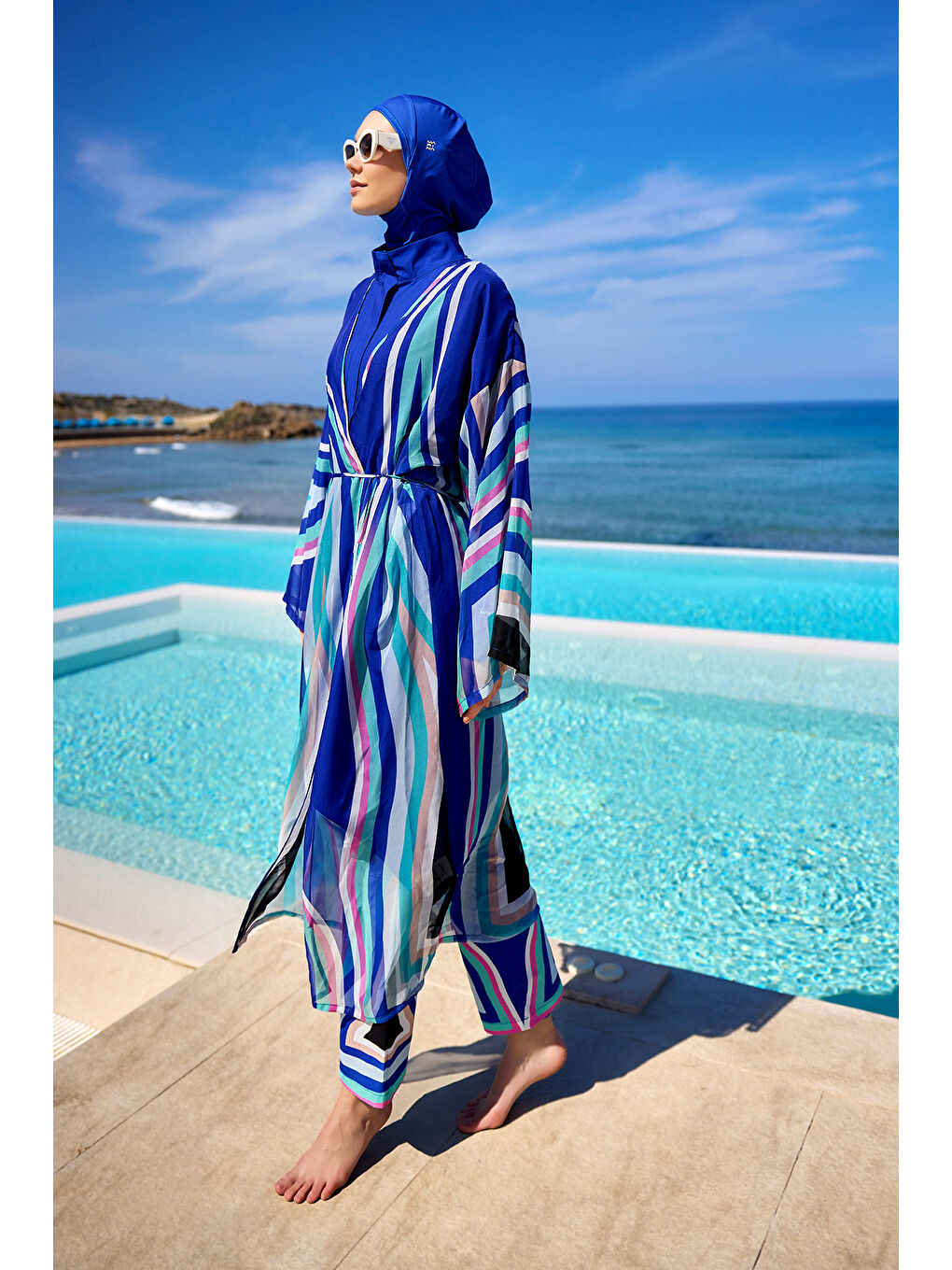 Mavi Renkli Desenli İpeksi Kimono - Hafif Dokulu, Tam Boy Pareo P2503-2-3