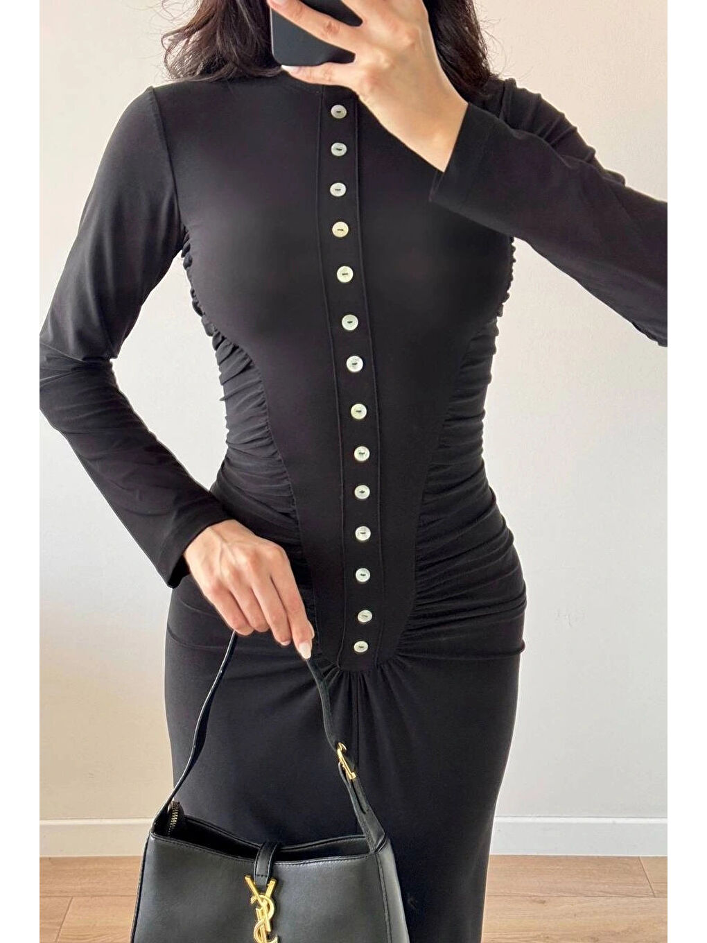 Kadın Siyah Sedef Düğme Sendy Elbise 1041-2705-2