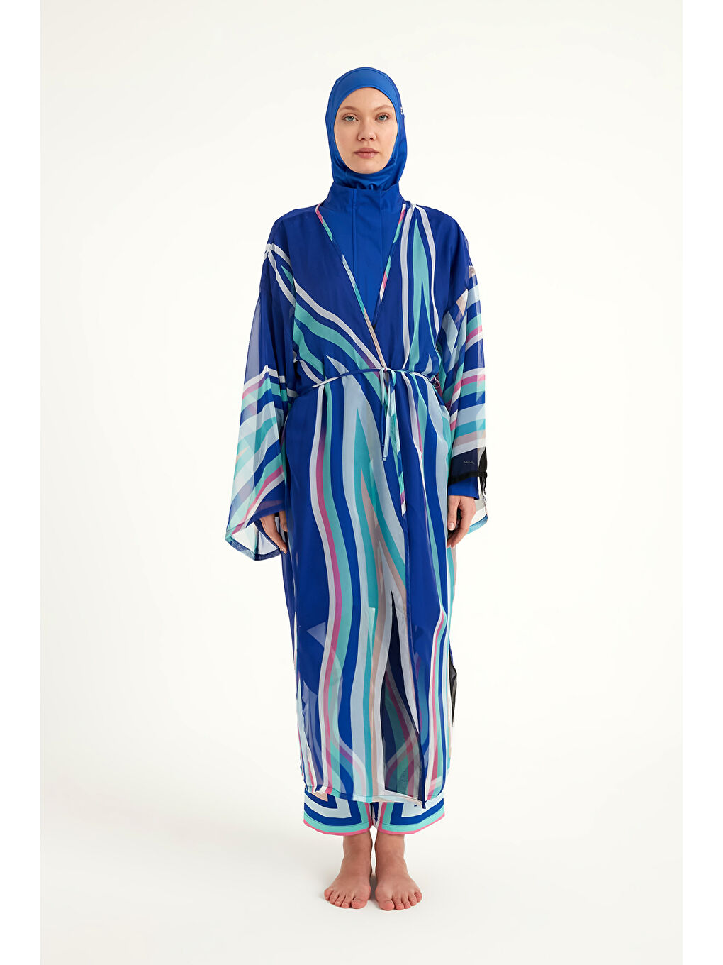 Mavi Renkli Desenli İpeksi Kimono - Hafif Dokulu, Tam Boy Pareo P2503-2-4