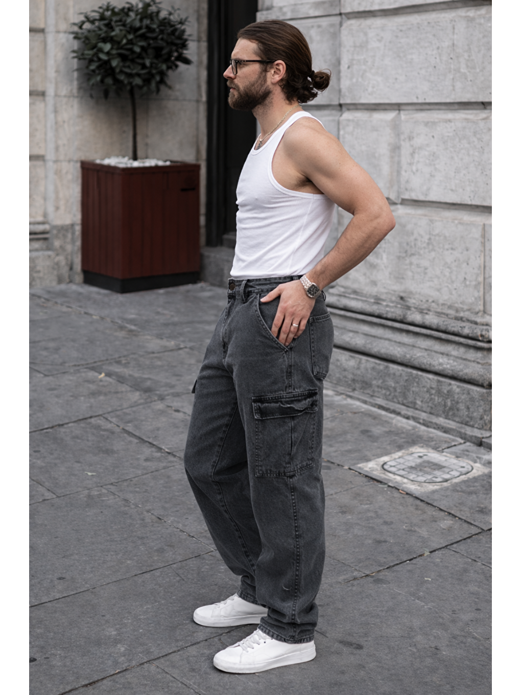 Erkek Günlük Kargo Cep Antrasit Baggy Pantolon-1