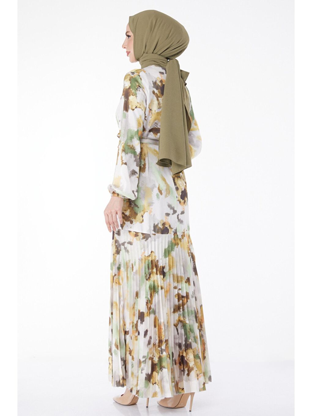 Düz Bisiklet Yaka Kadın Haki Eteği Pilise Detaylı Desenli Abiye Elbise - 24882-5