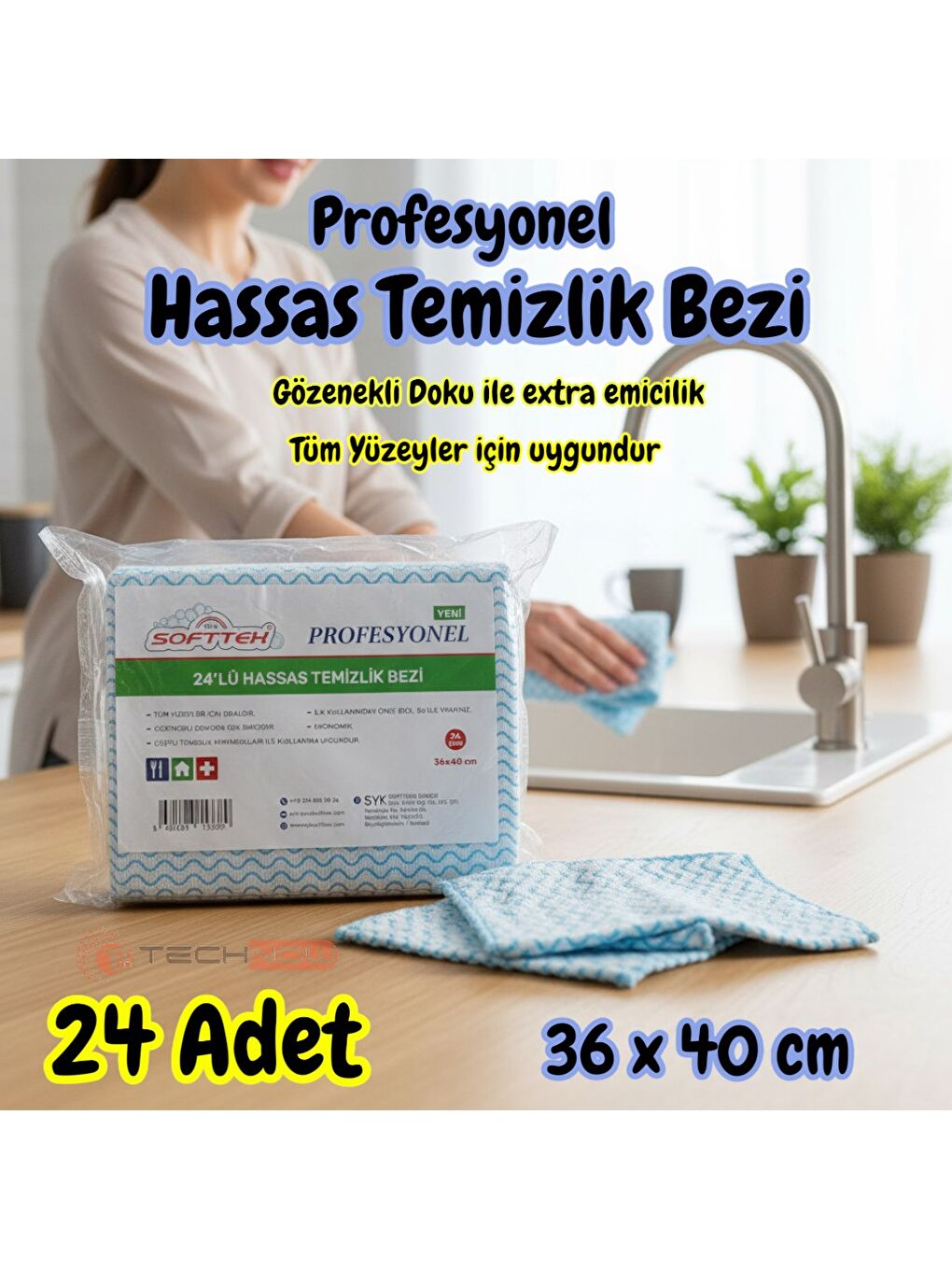 Mavi Softtex Profesyonel Süper Emici Hassas Büyük Boy 36x40cm Temizlik Bezi 24'lü