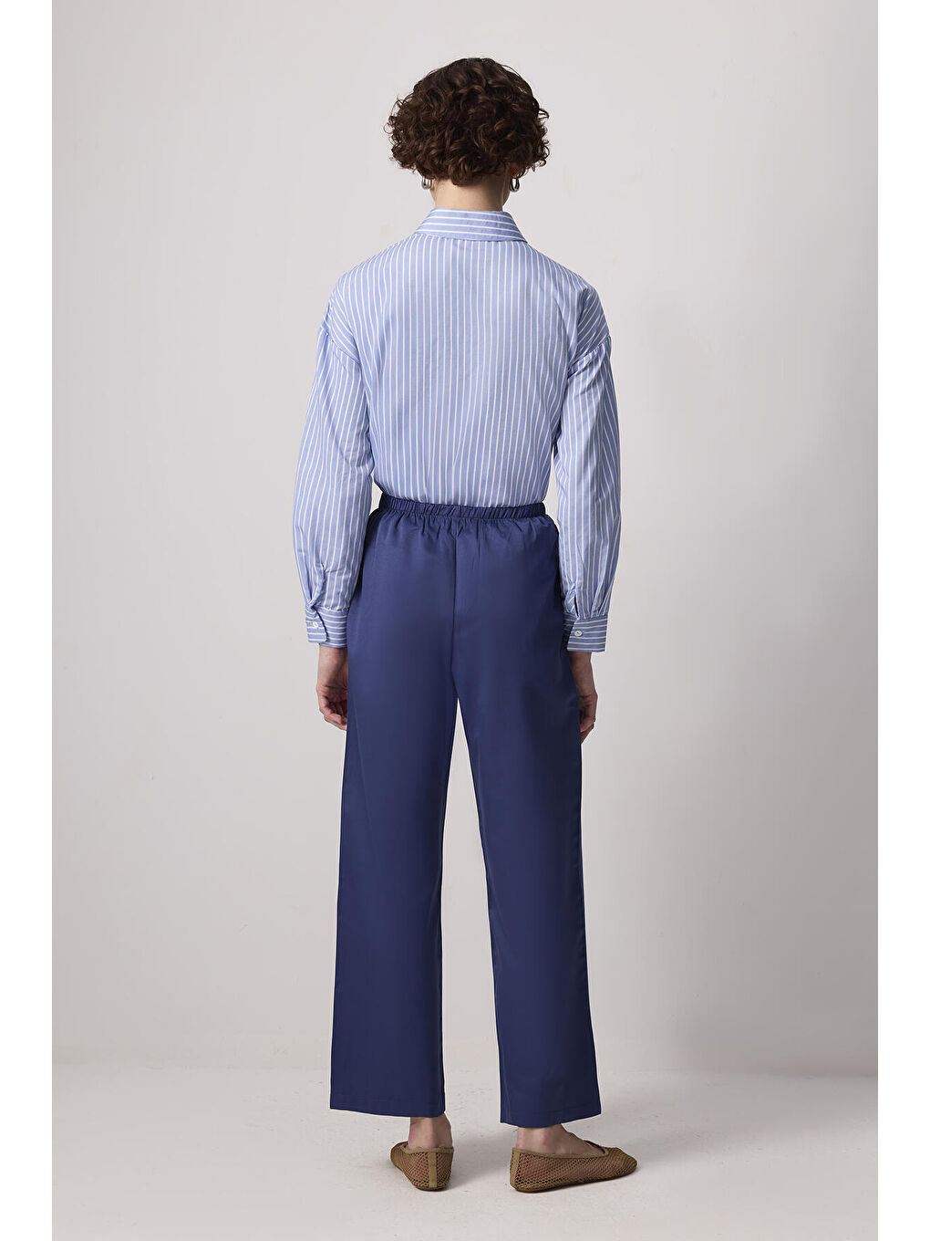 Lacivert Elastik Bel Bol Paça Pantolon-3