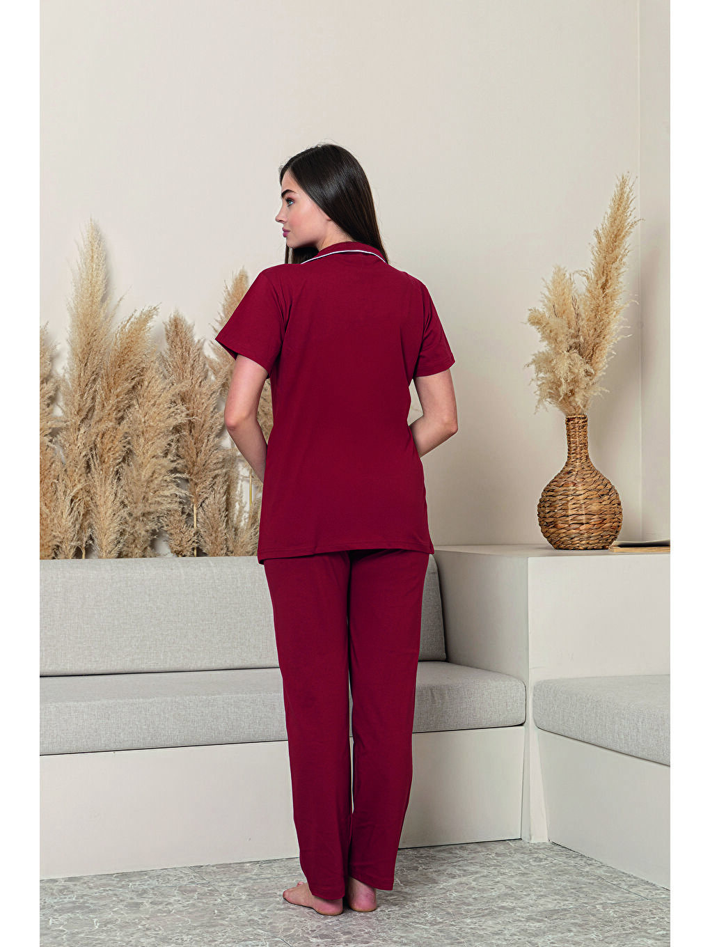 Bordo Kadın %100 Organik Pamuk Doğal Gömlek Yaka Düğmeli Kısa Kollu Biyeli Pijama Takımı-1