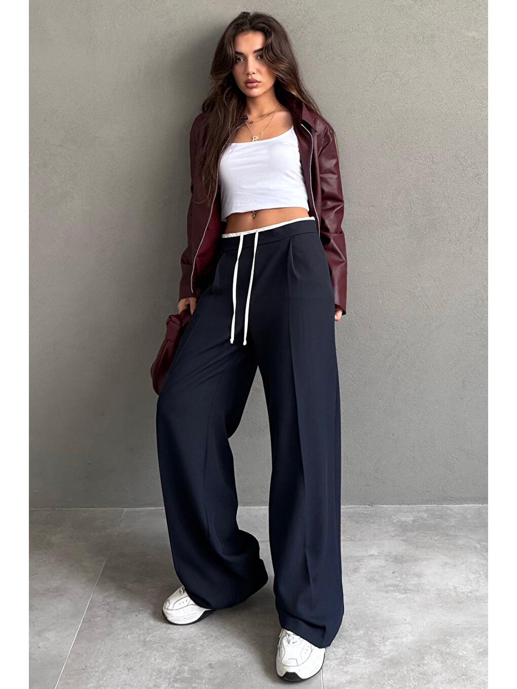 Lacivert Çift Bel Bantlı Wide Leg Kadın Pantolon Mg2551