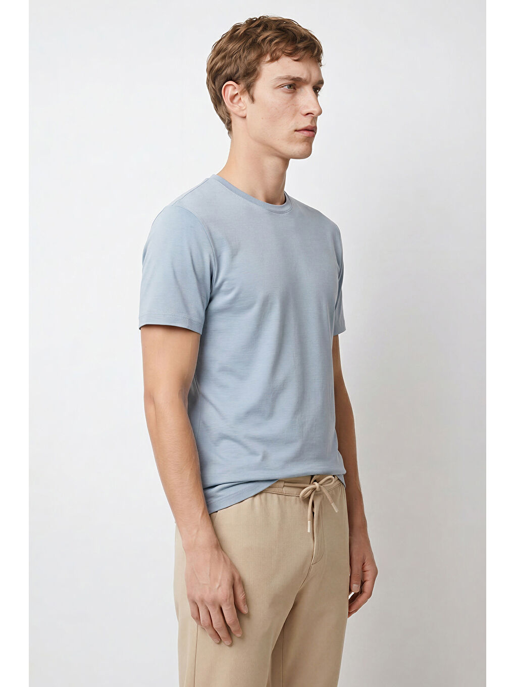 Erkek Mavi Pamuklu Slim Fit Dar Kesim Bisiklet Yaka Tişört-2