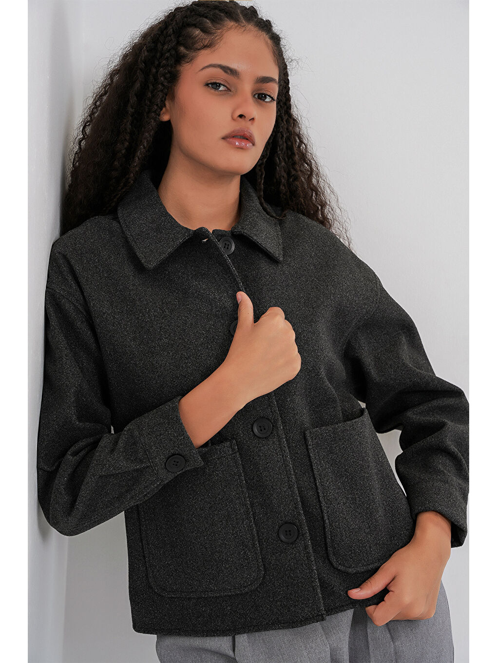 0713 Kadın Kaşe Ceket - Antrasit-2