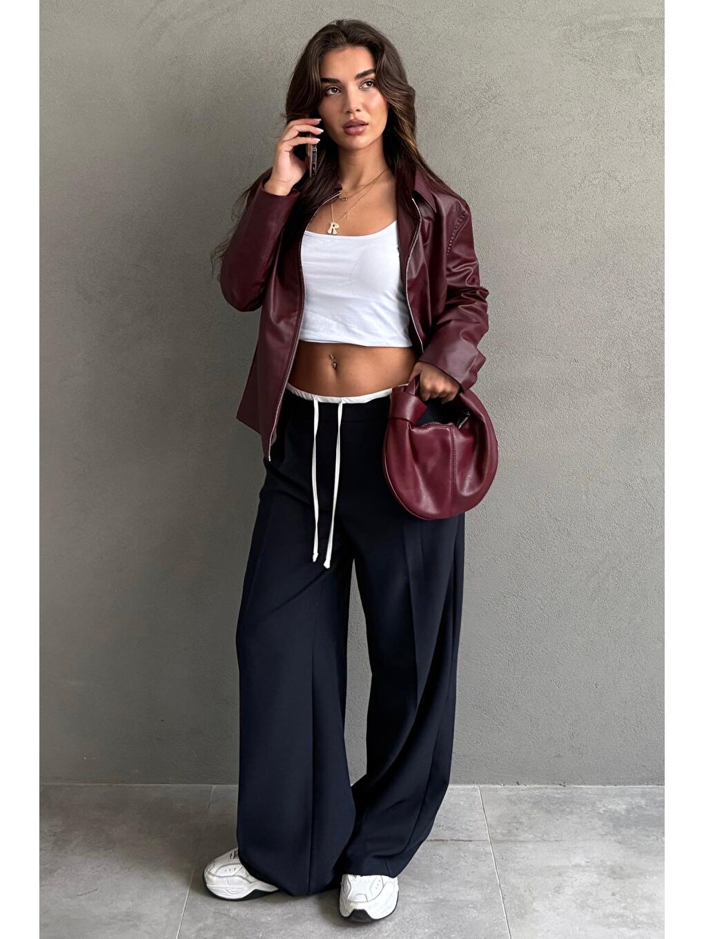 Lacivert Çift Bel Bantlı Wide Leg Kadın Pantolon Mg2551-1